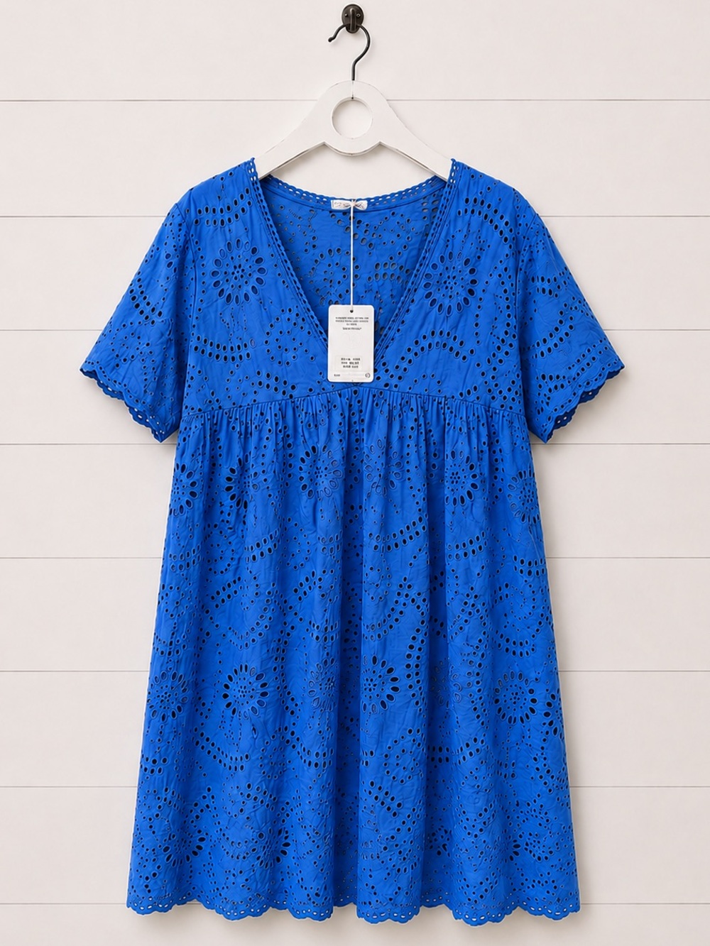 Eyelet V-Neck Short Sleeve Dress - Cobalt Blue